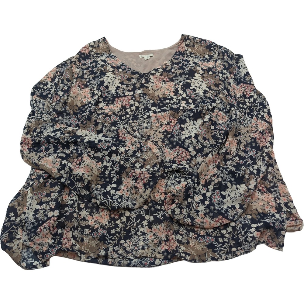 EST. 1946 Womens Plus 18/20W Navy Floral V-Neck Chiffon Blouse Bubble Sleeve